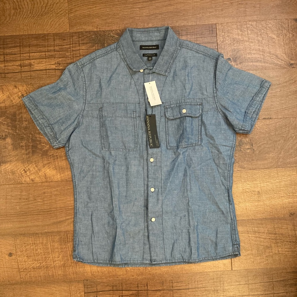 Banana Republic NWT ‘Camden Fit’ ShortSleeve Shirt Chambray Linen/Cotton Men’s M